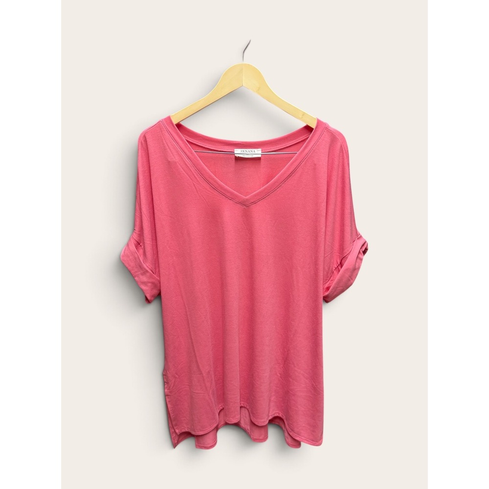 Zenana V-Neck Cuffed Short Sleeve Oversized Top Dark Pink 2X RT-1629XP